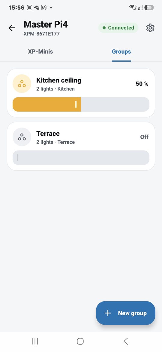 App screen listing light groups with their levels