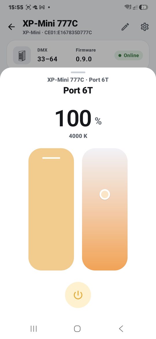 App screen with brightness and color temperature faders for a tunable-white port