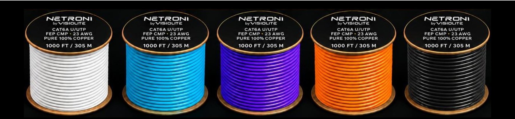 Five reels of Netroni CAT6A cable: white, cyan, indigo, orange and black