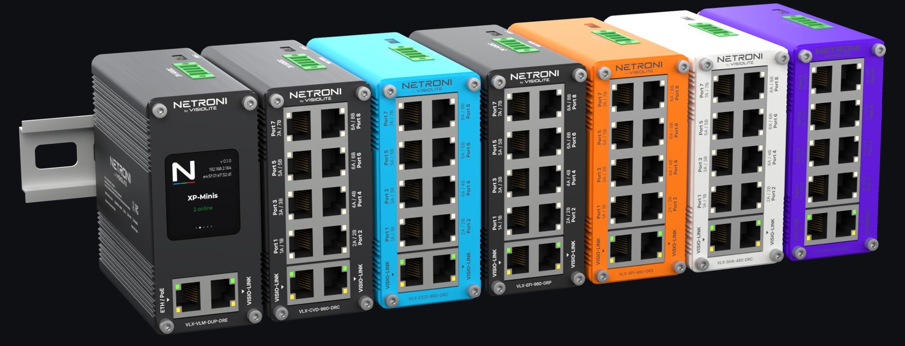 Netroni X-Pix XP-Series modules on a DIN rail: XP-Master, XP-Mini CV, XP-Mini CC, XP-Inject, XP-Pix, XP-Shade and XP-Link